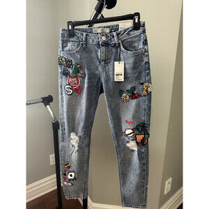 Topshop Moto Women's Badge Lucas Low Rise Slim BF Jeans In Blue Size 26 L 30